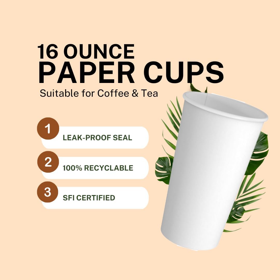 Paper Cups 16 oz 1000 Pack for Coffee & Tea Made in USA | Bulk 1000 Count for Home, Office, Restaurants & Parties | Recyclable Disposable 16 Ounce To-Go Cups for Hot Drinks
