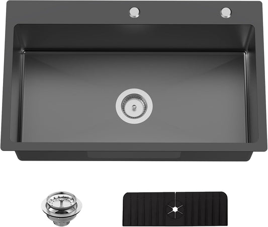 Black 30x18 In Drop In Kitchen Sink-Stainless Steel Topmount Modern Single Bowl Kitchen Sink Come With Silicon Mat,Drain Strainer Set Offer Large Basin And Compatibility With Various Kitchen&Bar Style
