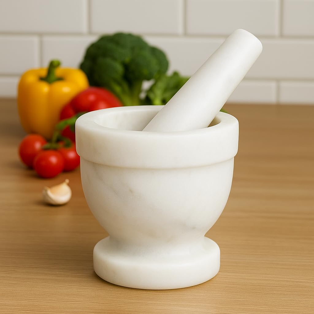 Creative Home Handcrafted Mortar and Pestle Solid Marble Grinder for Spices and Herbs Artisan Carved from Yushan Marble Elegant and Durable for Everyday Cooking, 4 Diam. x 4 H Inch