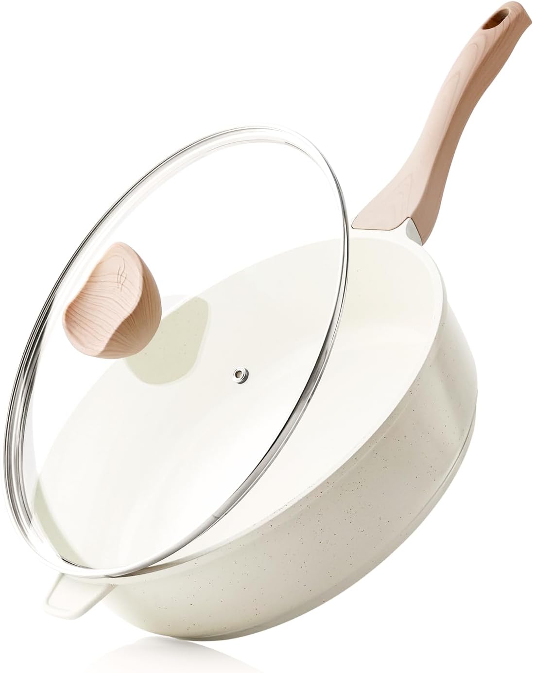 Nonstick Ceramic Deep Frying Pan, 11 Inch Non Toxic Skillet with Lid, Healthy Jumbo Cooker, Saute Pan for Cooking, Induction Cookware, PFOA & PFAS Free (Cream)