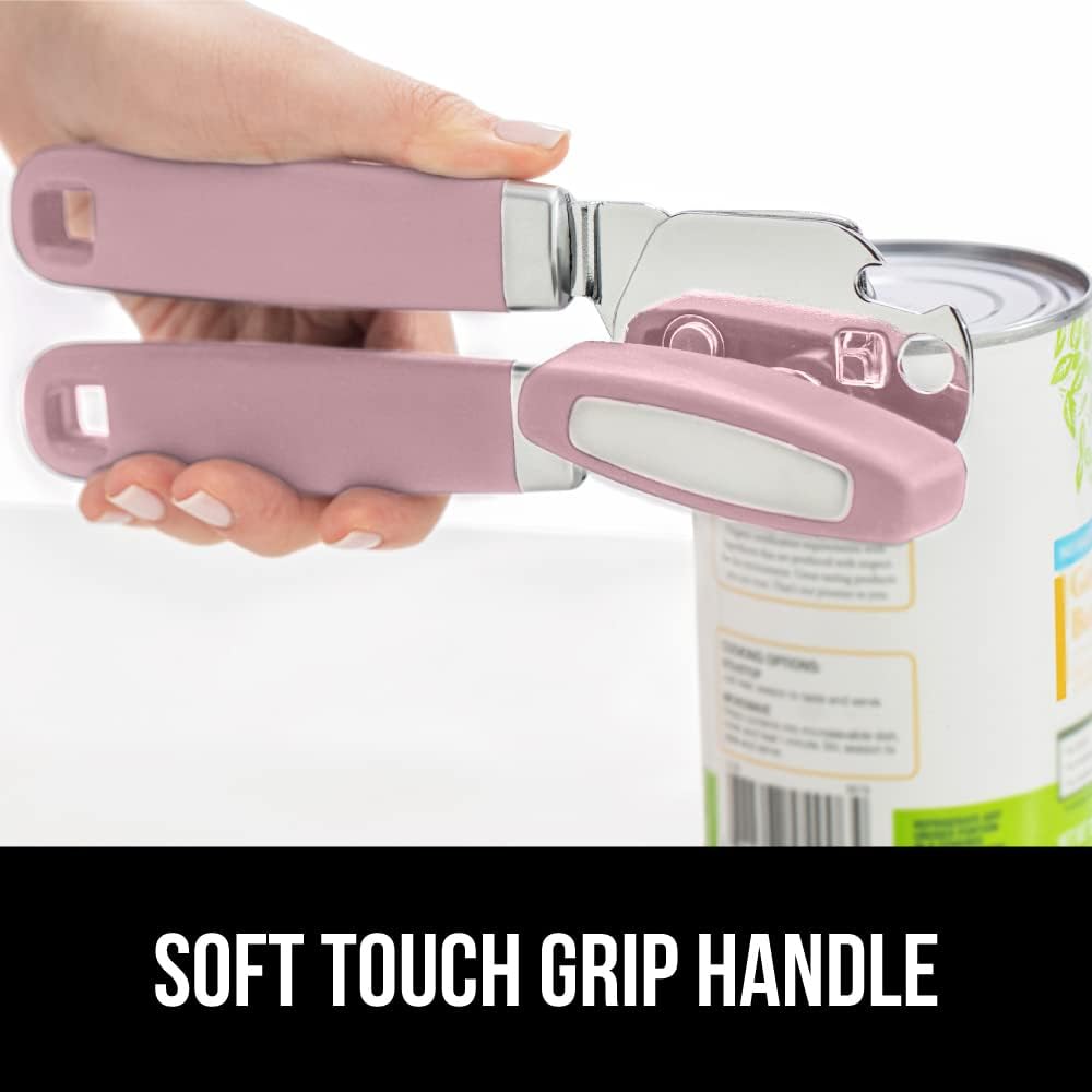 GORILLA GRIP Heavy Duty Stainless Steel Smooth Edge Manual Can Opener and Bottle Openers, Soft Comfortable Handle, Oversized Handheld Turn Knob, US Designed Multifunctional Kitchen Tool, Pink