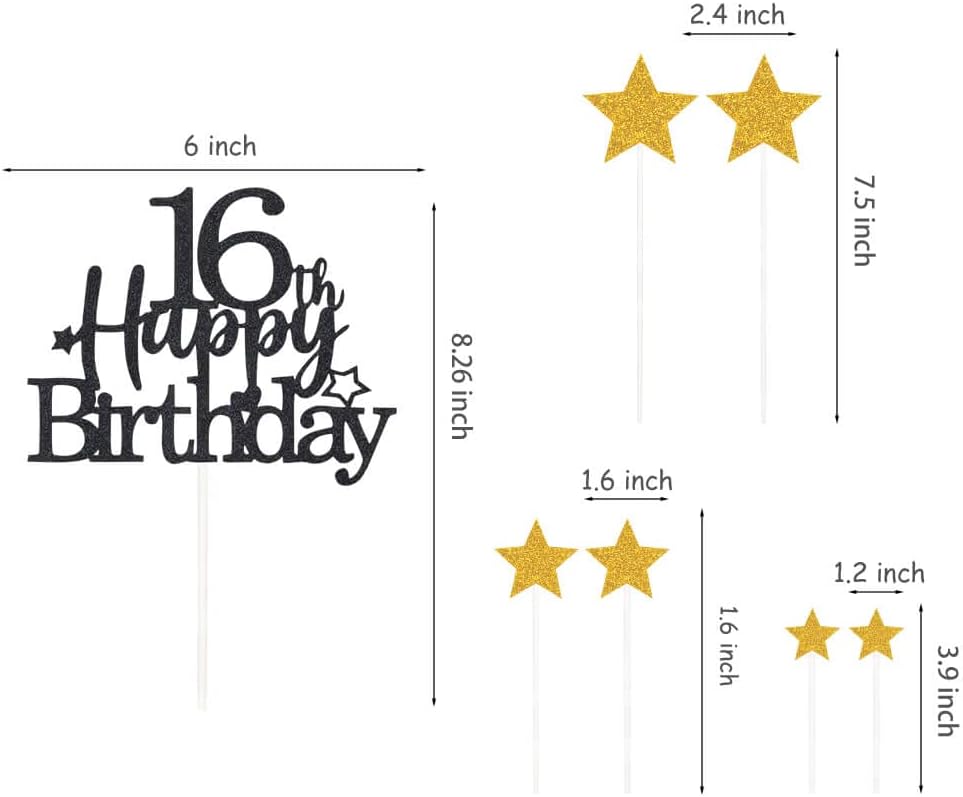 Glittery 16th Happy Birthday Cake Topper with Star,Personalised 16 Birthday Cake Toppers Party Decorations Party Supplies for Boys Girls Black Gold