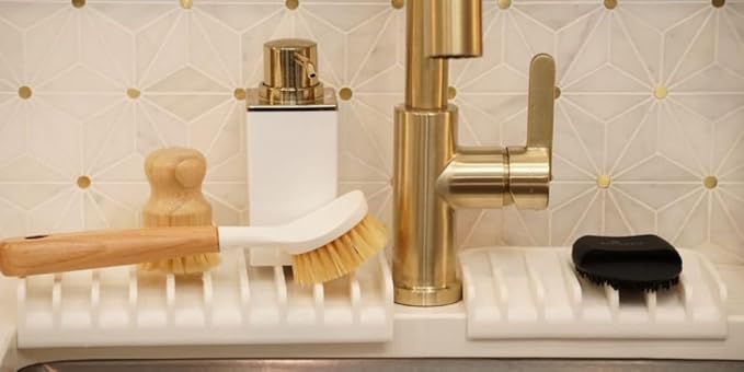 Effilogic Silicone Sponge Holder – Self-Draining Kitchen Sink Organizer, Quick Dry Mat and Counter Protector – Dishwashing Accessories for Sponges, Brushes, and Soap - Large White