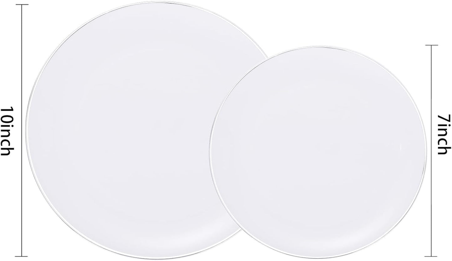 KIRE 200PCS Silver Plastic Plates - White Plastic Plates with Silver Rim Include 100 Dinner Plate and 100 for Dessert/Salad Plate for Birthday/Wedding/Party