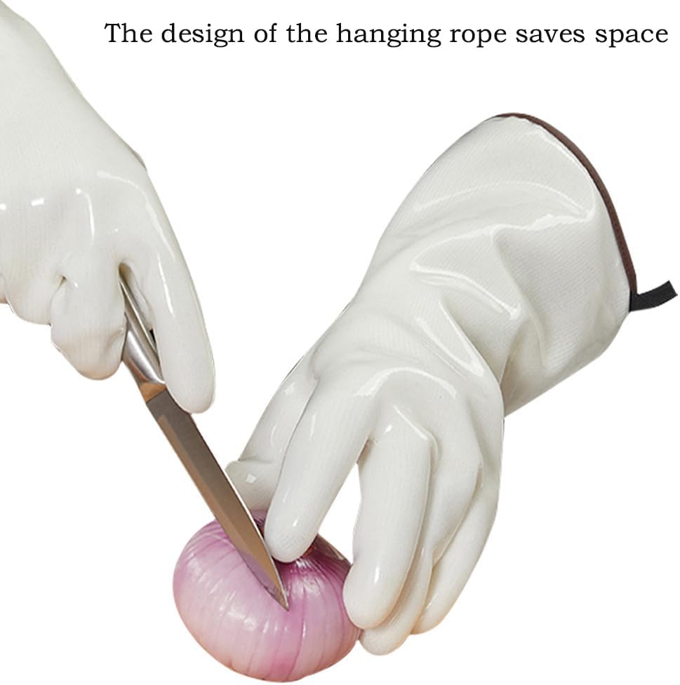 Silicone BBQ Gloves, Oven Gloves with Fingers 932°F Heat Resistant, Kitchen Waterproof Hot Proof Glove for Fryer, Smoker, Baking, Cooking (White, XL)