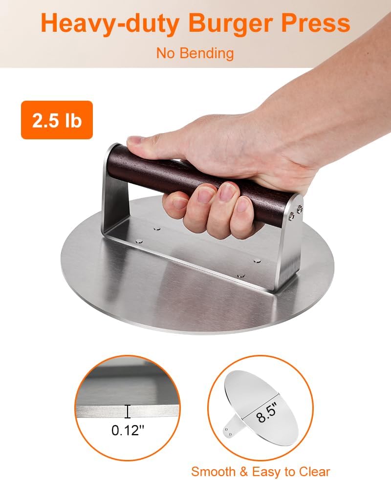 Brigii Burger Press Smasher, 2.5lb Heavy-Duty Stainless Steel, with Flat Nonstick Surface and Wooden Handle, for Hamburger Patty, Bacon, Steak, BBQ Grilling, Dishwasher Safe