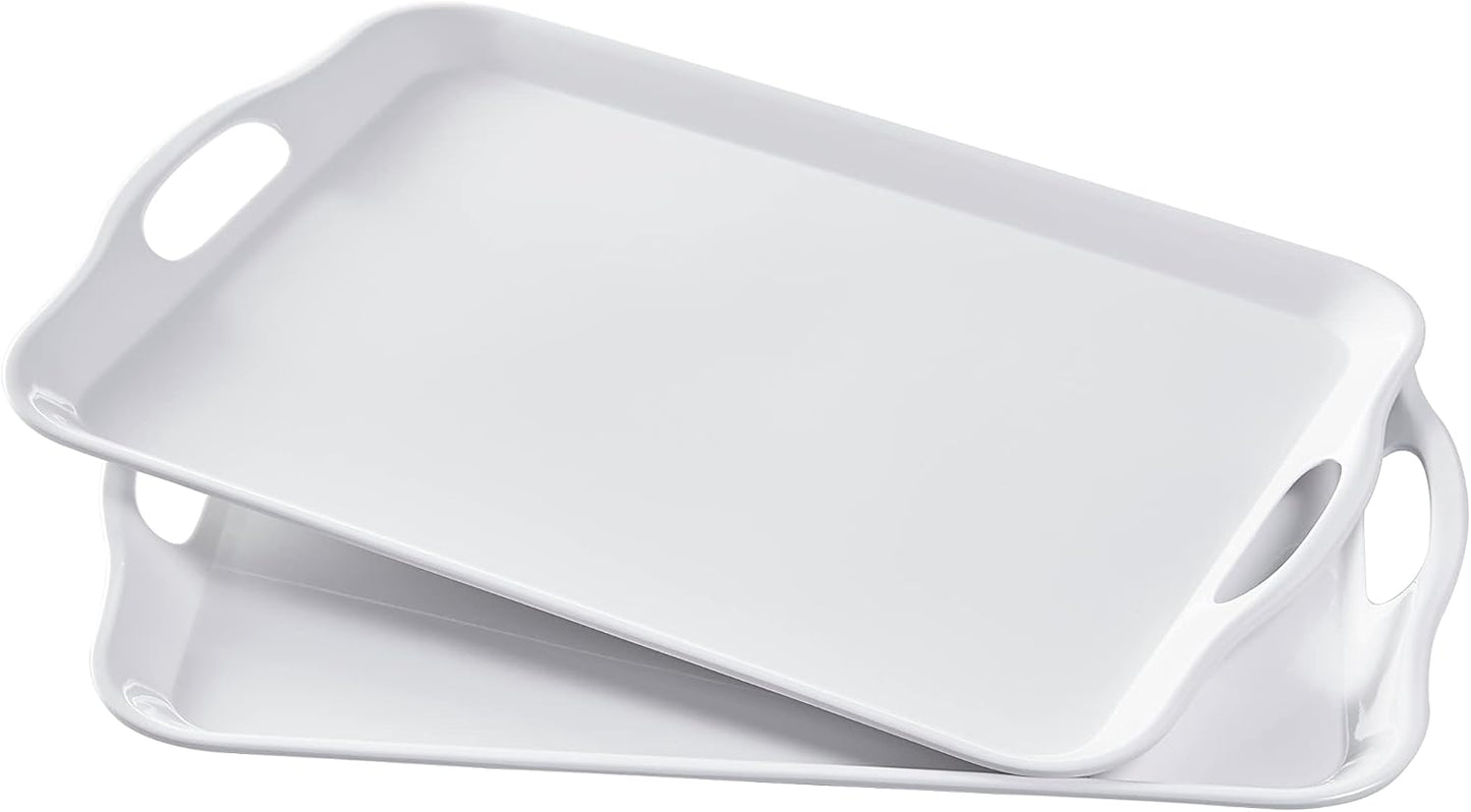 Blue Boat 16.5" x 11.5" Serving Trays Set of 2 White, Dinner Tray, Light Weight Easy to Clean Sturdy Stackable Melamine Serving Tray with Handle, Fruit, Snacks, and Desserts Trays