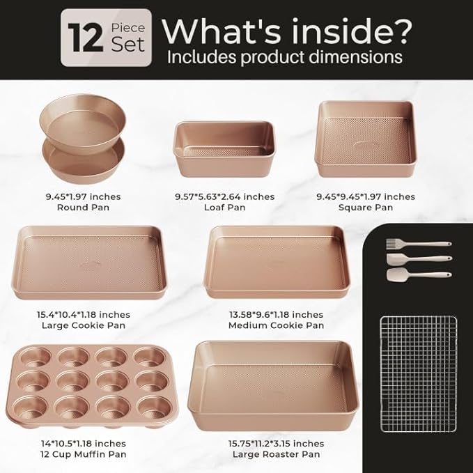 12-Piece Nonstick Bakeware Set with Baking Pan, Cake Pan, Muffin Pan, Loaf Pan, Square Pan, Roasting Pan, Cookie Pan, Cooling Rack & Utensils - Ceramic Coated Gold
