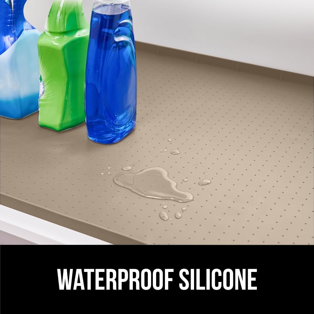 GORILLA GRIP Waterproof Silicone Under Sink Mat with Raised Lip for Kitchen and Bathroom, Cabinet Shelf Liner Stay in Place Mats Dishwasher Safe Drawer Liner, Organizer Tray, 15 x 22 in, Beige