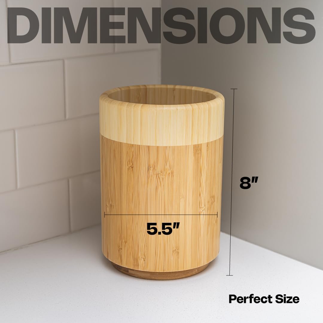 Samma Bamboo Utensil Holder - 8" Rotating Wooden Utensil Holder for Kitchen Counter - Space-Saving Utensil Organizer