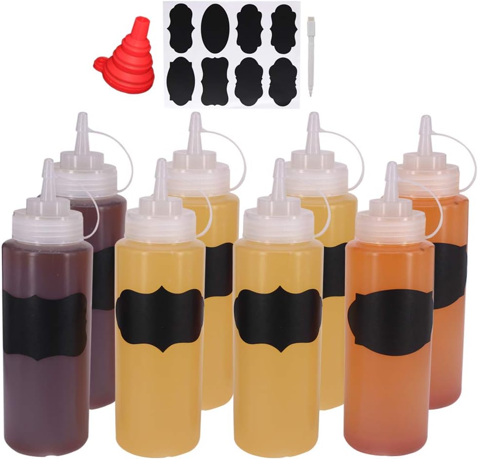 8 Pack 16-Ounce Plastic Squeeze Bottles for Food, Crafts, Art, Multi Purpose Set of 8 with extra 8 Chalk Labels and 1 Pen