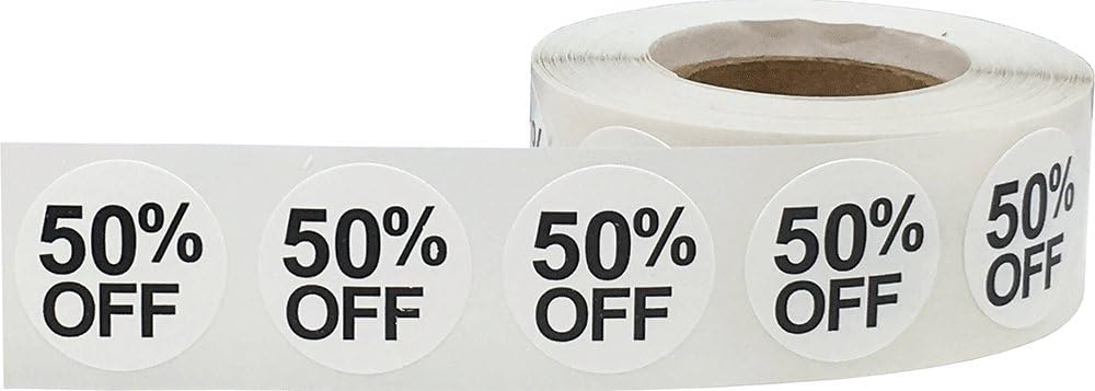 InStockLabels 50% White Stickers for Retail, 500 Labels per Roll, 3/4" Round – Stickers for Promotion & Inventory Event, Easy Peel Tags, Semi-Gloss Adhesive, Apparel-Safe, Residue-Free