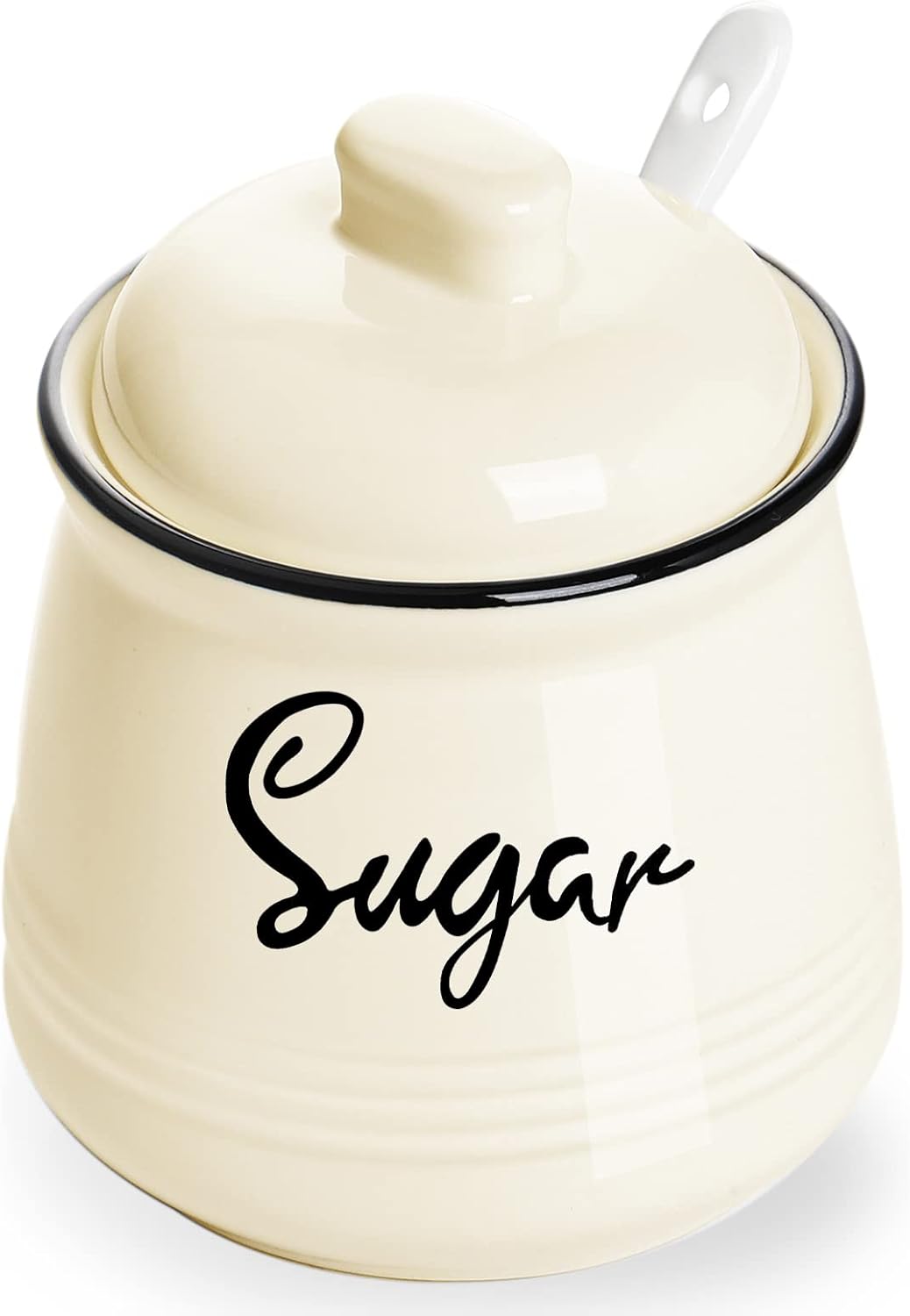 HAOTOP Farmhouse Porcelain Sugar Bowl with Lid and Spoon 12oz,Easy to Clean (Beige)