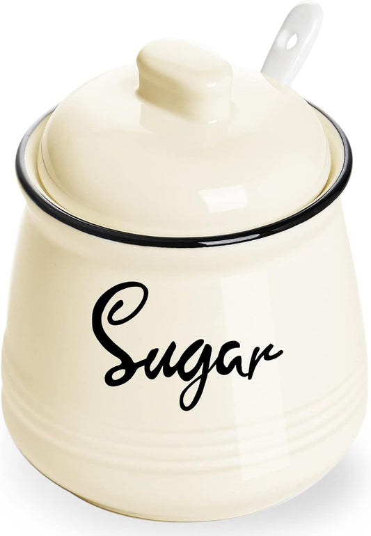 HAOTOP Farmhouse Porcelain Sugar Bowl with Lid and Spoon 12oz,Easy to Clean (Beige)