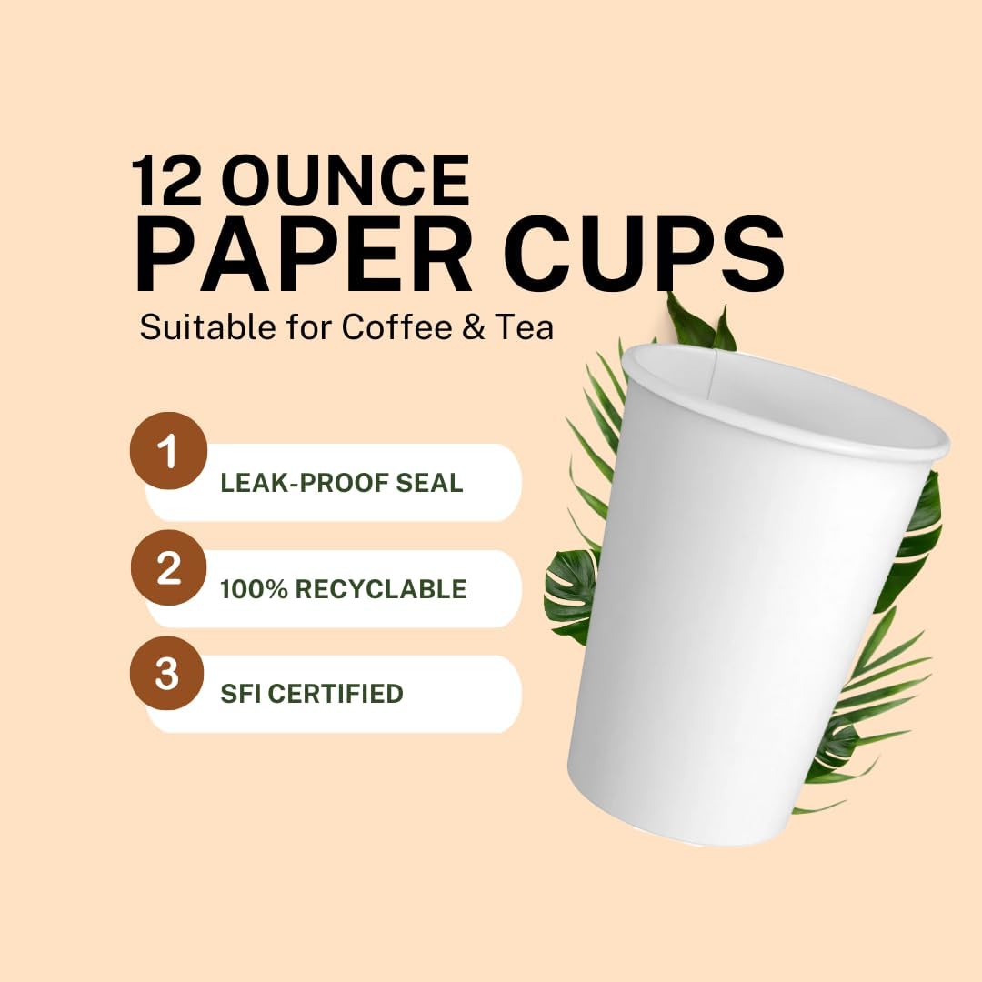 Paper Cups 12 oz 1000 Pack for Coffee & Tea Made in USA | Bulk 1000 Count for Home, Office, Restaurants & Parties | Recyclable Disposable 12 Ounce To-Go Cups for Hot Drinks
