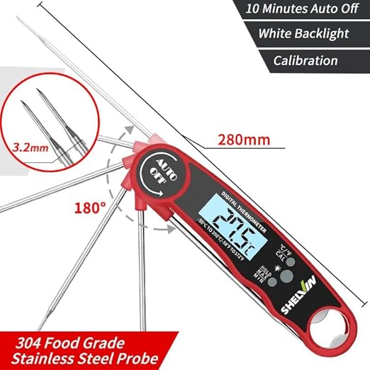 Digital Meat Thermometer with Bottle Opener - Waterproof Magnetic Instant Read Temperature Folding Probe for Cooking Hot Food Oil Fryer BBQ Grill Smoker Candy Liquids Beef Chicken Lamb Fish Pork