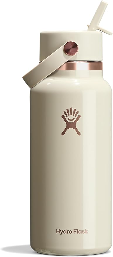 HYDRO FLASK Water Bottle - Insulated Stainless Steel - Wide Mouth Flex Straw Lid, Non Spill, Leakproof and Refillable in 32 Oz Linen Rose Gold