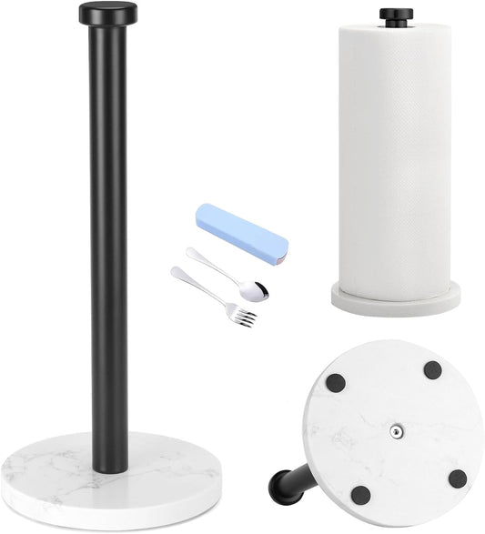 Standing Paper Towel Holder, Kitchen Paper Towel Roll Holder- for Bathroom Kitchen Countertop with Weighted Marble Base for One-Handed Operation (Black), Black Paper Towel Holder