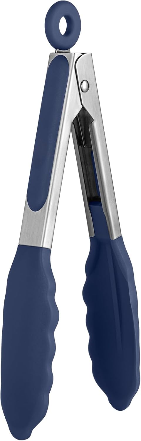 480ºF Heat Proof Kitchen Tong: U-Taste 7" Silicone Cooking Tong with Firm Sealed Non Stick Rubber Tips & Silicon Coated 18/8 Stainless Steel Handle & Smooth Locking for Serving Salad (Midnight Blue)