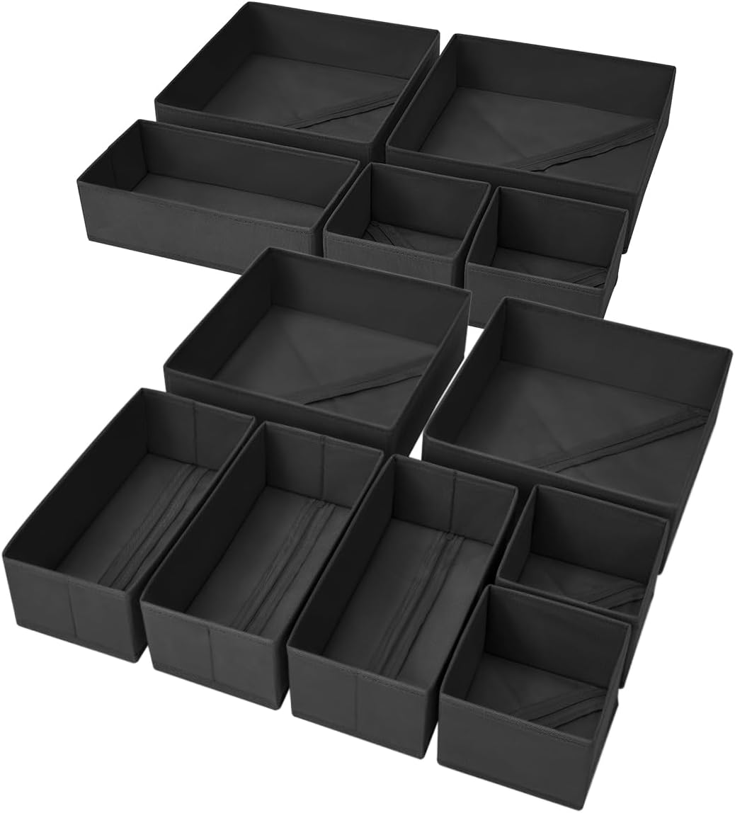 DIMJ Clothes Drawer Organizer, 12 Packs, Foldable Underwear Organizer for Baby Clothes, Tie, Bra, Sock (Black)