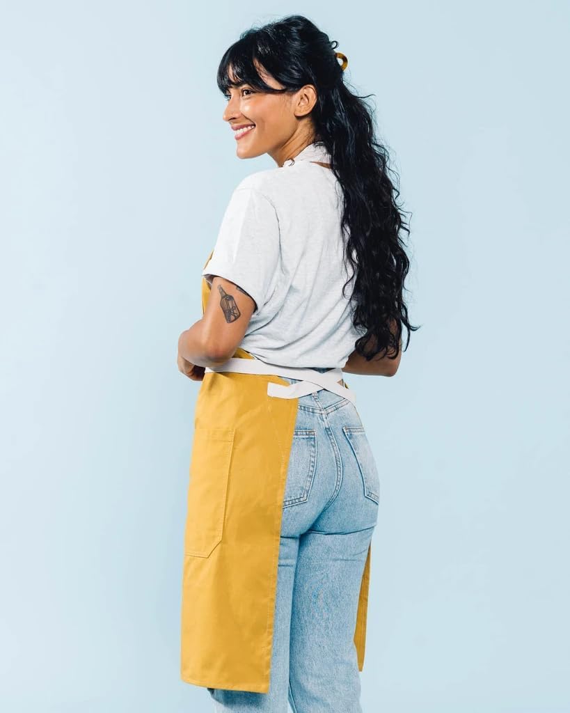 Caldo Daily Cotton Kitchen Apron for Cooking- Mens and Womens Professional Chef or Server Bib Apron - Adjustable Straps with Pockets and Towel Loop (Mustard)