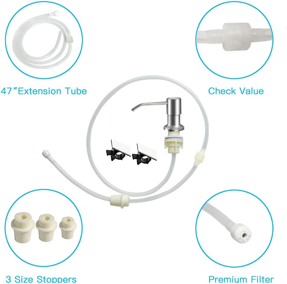 Dish Soap Dispenser for Kitchen Sink (Brushed Nickel), Countertop Sink Soap Dispenser Water Pump with 47” No-Spill Extension Tube Kit Design for Kitchen Bathroom, No More Refills （Sliver）
