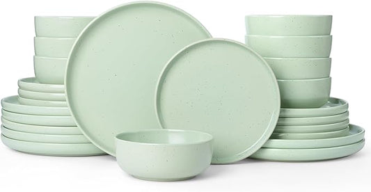 Famiware Dawn 24 Pieces Dinnerware Set, Speckled Plates and Bowls Sets for 8, Matte Dish Set, Microwave and Dishwasher Safe, Light Green