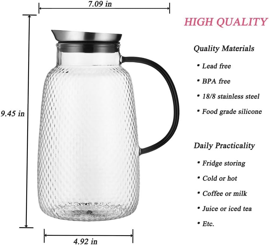 Purefold Pitcher with Lid, Glass Jug with Stainless Steel Lid for Hot and Cold Water, Fruit Tea, Coffee Maker, Ice Tea, Juice, Pineapple Series (Clear, 80 oz)