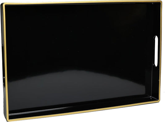 Spsyrine Black Decorative Serving Tray with Handles, Elegant Plastic Coffee Table Tray for Ottoman, Living Room, Home Decor 15.6" X 10.2"