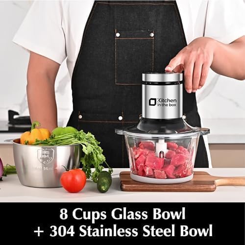 Kitchen in the box Food Processors,400W All-Copper Motor Meat Grinder & Food Chopper - Electric Vegetable Chopper with 2 Bowls(8 Cup+8 Cup) & 2 Bi-Level Blades for Meat/fish/Vegetable/Baby Food