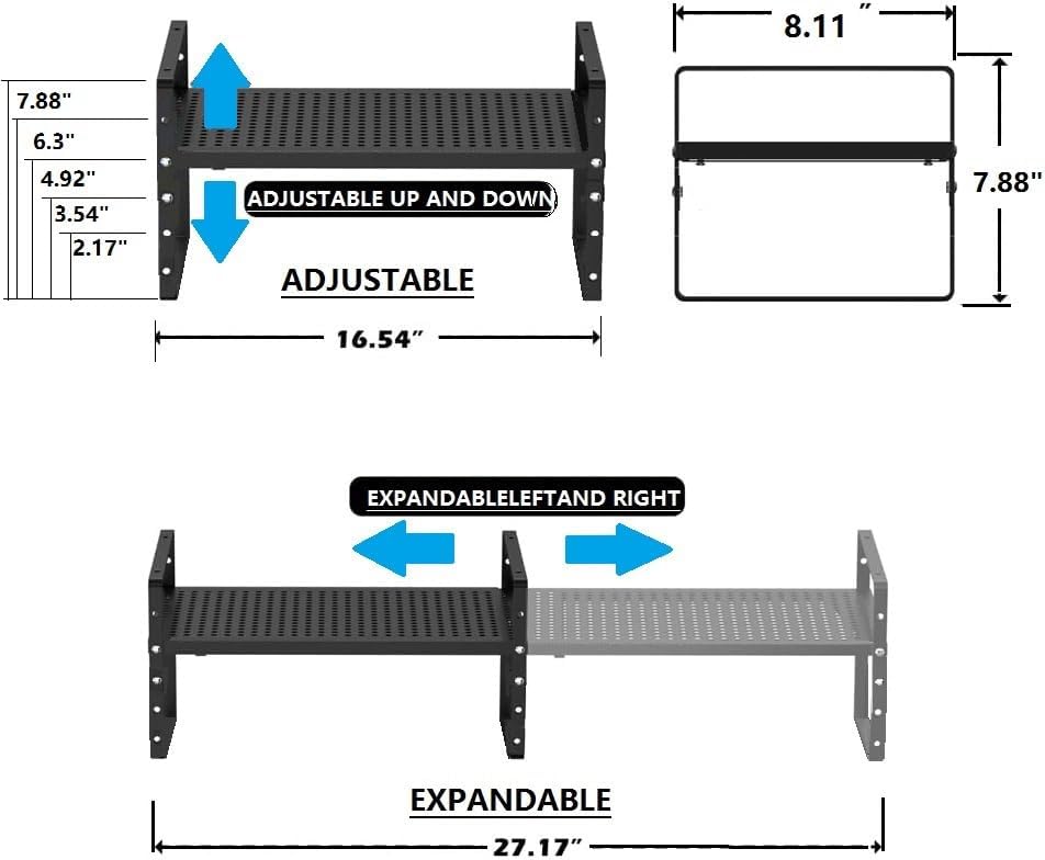 Expandable Shoe Rack Stackable Metal Pantry Storage Shelves Stand Adjustable Height Cabinet Shelf Organizer Racks Spice Shelving(1PACK/BLACK,MEDIUM)