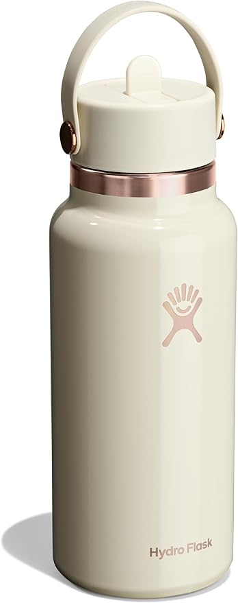 HYDRO FLASK Water Bottle - Insulated Stainless Steel - Wide Mouth Flex Straw Lid, Non Spill, Leakproof and Refillable in 32 Oz Linen Rose Gold