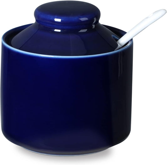 ONTUBE Ceramic Sugar Bowl with Lid and Spoon,Porcelain Seasoning Box Salt Bowl,8oz (Navy)