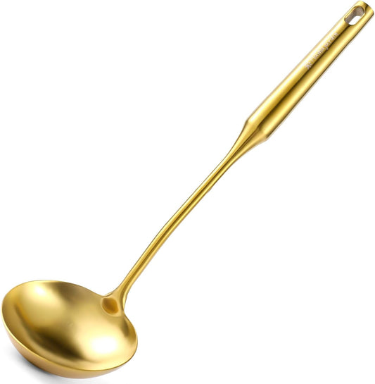 Gold Soup Ladle - 18/10 Stainless Steel Ladle Spoon, 13.8" Soup Spoons [Integral Forming, Heat Resistance，Vacuum Handle] Kitchen Metal Ladel for Cooking, Serving, Stirring, Canning，Sauce, Wok & Soup