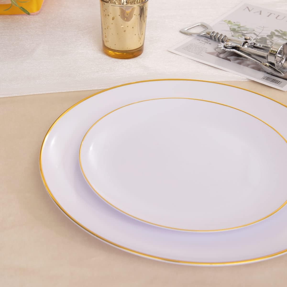 KIRE 60PCS Gold Plastic Plates - Heavy Duty White Disposable Plates with Gold Rim for Party/Wedding- Include 30Pieces 10.25inch Dinner Plate and 30Pcs 7.5inch Dessert Plate
