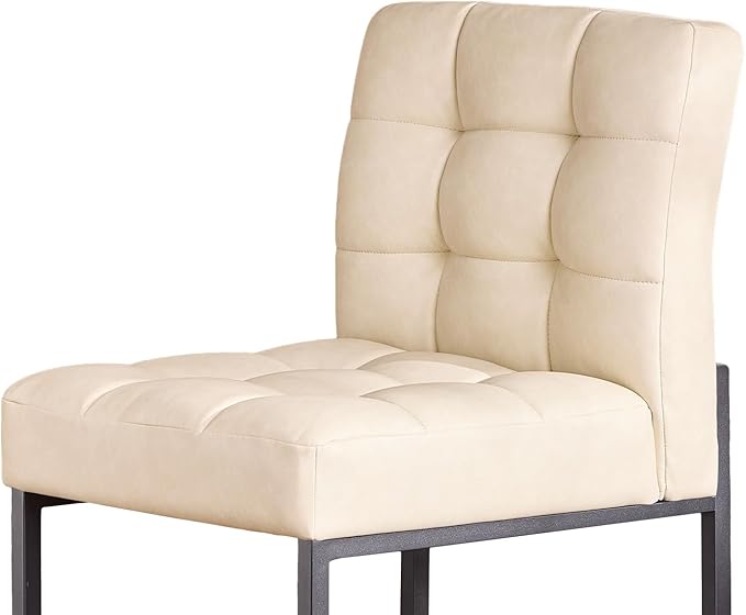 Beige Faux Leather Dining Chairs Set of 2, Mid-Century Modern Dining Room Chairs with Armless, Checkered Kitchen Chair with Metal Legs