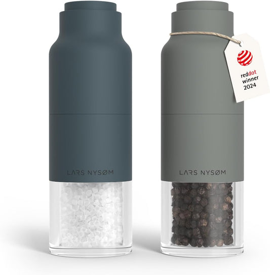 LARS NYSØM Salt and Pepper Grinder Set, Stainless Steel Manual Salt and Pepper Mills, Adjustable Ceramic Grinder, Design Spice Shakers (Blue/Gray)