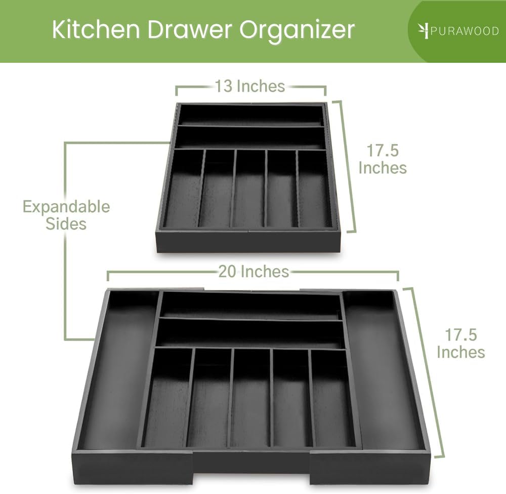 Purawood Bamboo Drawer Organizer - Expandable Silverware Organizer & Utensil Organizer, Cutlery Tray with Dividers, 7-9 Slots - Premium Kitchen Drawer Organizer for Utensils & Flatware (Black)