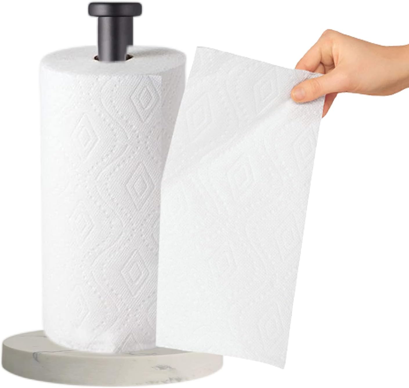 Paper Towel Holder Countertop, Standing Paper Towel Roll Holder for Kitchen Bathroom, with Weighted Marble Base for One-Handed Operation (Black), Black Paper Towel Holder, Marble