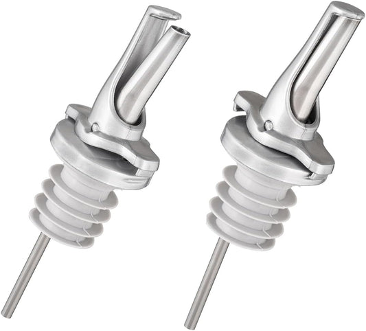 3-in-1 Liquor Pour spout with Built-in Fruit Fly Protection - Dishwasher Safe Hygienic Alcohol Speed Spouts - Also for Olive Oil, Juice, Syrup. Silver 2 Pack