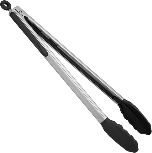 Heat Resistant Silicone Kitchen Tong: U-Taste 16 inch Extra Long Large 480ºF Hot Proof Cooking Tong with Sturdy Non Stick Rubber Tips & Non Slip Silicon Coated Steel Handle for Grilling BBQ (Black)