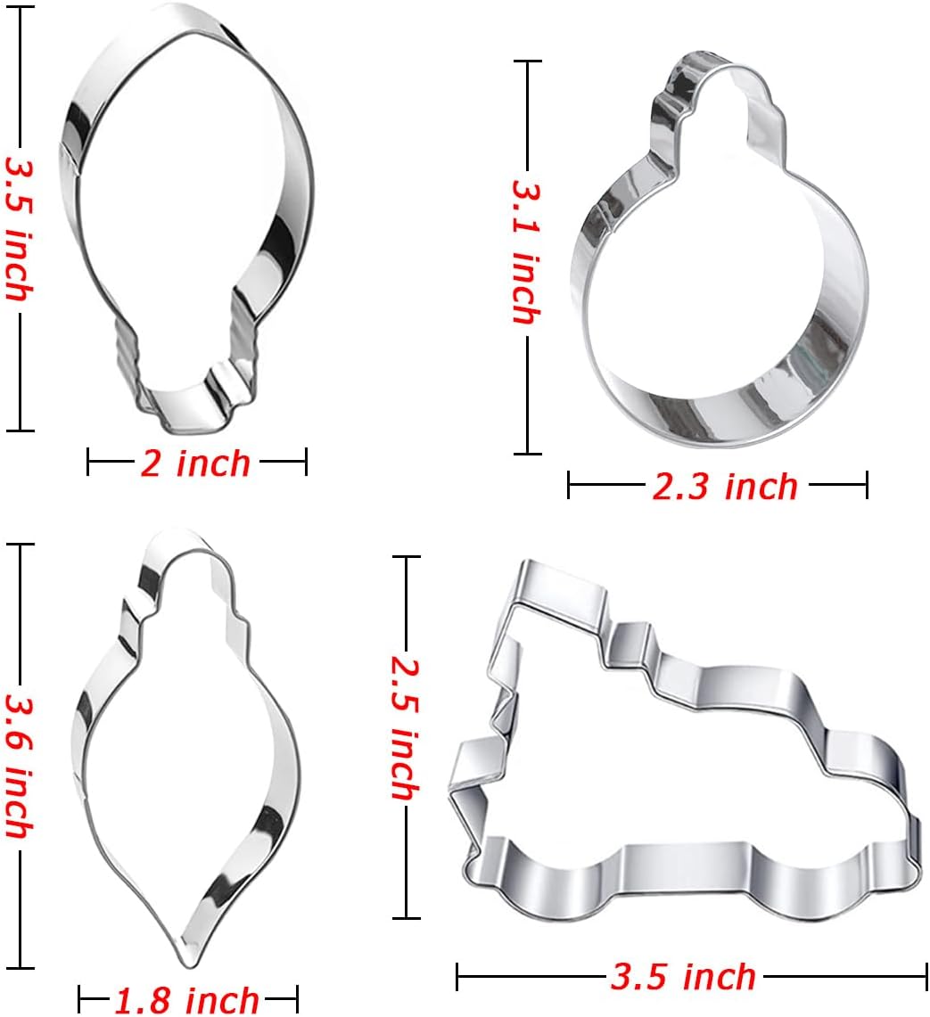 Christmas Ornament Cookie Cutters 4Pcs, Large Christmas Tree Car Light Ornament Shapes Cookie Cutters, Metal Dough Fondant Biscuit Molds for Baking Decorating Home Kitchen