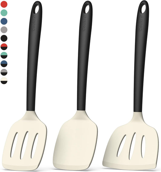 Coukre Silicone Spatula Set of 3, High Heat Resistant, BPA-Free, Kitchen Utensils, Fish Spatula, Solid & Slotted Turner for Non-Stick Pans, Flipping Eggs, Pancakes, Fish, Burgers (3, Beige)