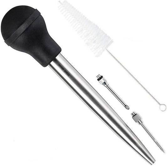 304 Stainless Steel Turkey Baster Syringe Injector Needle With Cleaning Brush- black Rubber Bulb