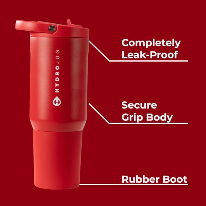 HydroJug Sport - Stainless Steel Tumbler with Straw, Vacuum Insulated, 20oz Leakproof Water Bottle, Ergonomic Design, Reusable, Dishwasher Safe, Rubber Base, Durable for Gym or Outdoors, Alumni Red