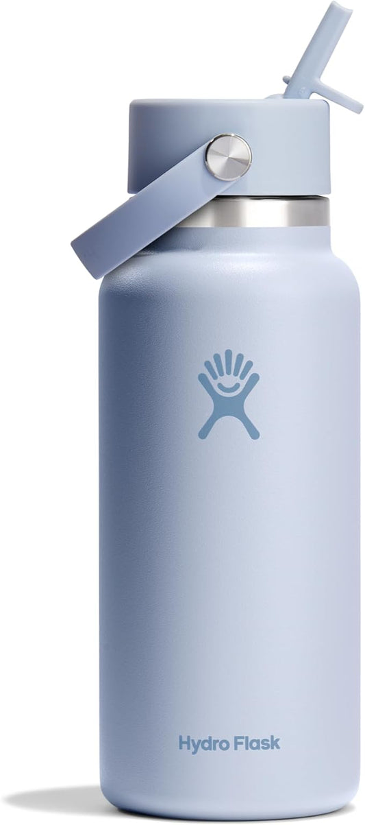 Hydro Flask Water Bottle - Insulated Stainless Steel - Wide Mouth Flex Straw Lid, Non Spill, Leakproof and Refillable in 32 Oz Surf Blue
