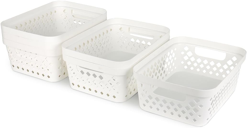 Glad Plastic Storage Basket Set, Value Pack of 6 | Open Storage Bins for Shelves, Bathroom, Pantry, Closet | Nesting Organizer Boxes with Handles, 2 Gallon, White