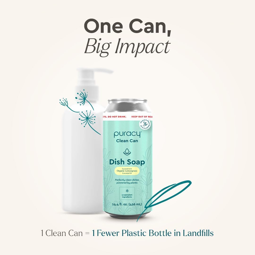 Puracy Natural Dish Soap Clean Can Refill Packs- Plant-Based Dishwashing Soap, Non-Toxic Dish Soap, Natural Liquid Dishwashing Detergent Soap As Seen on TikTok (Organic Lemongrass, 14.4 fl oz, 3 Pack)