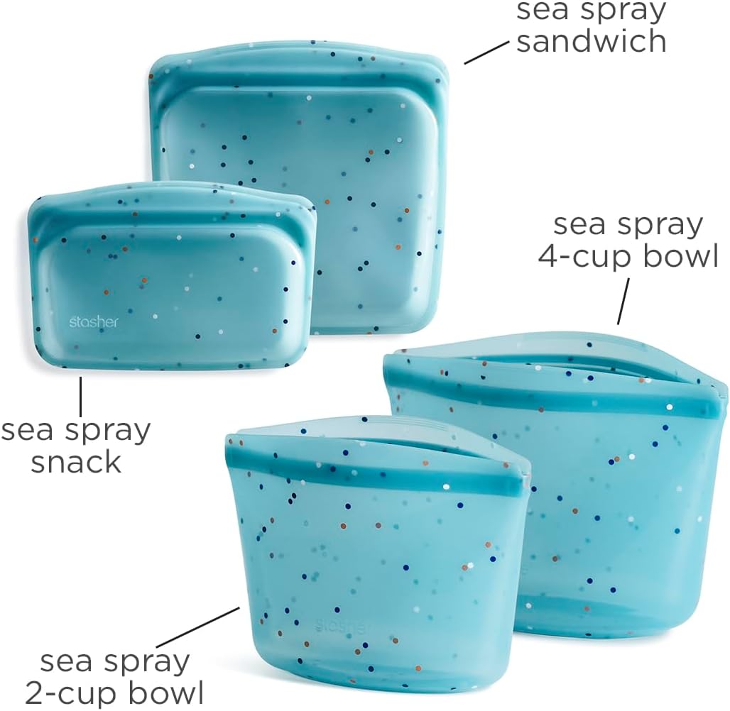 Stasher Premium Silicone Reusable Food Storage Bags, 4-Pack, Sea Spray, Multi-Use Food Storage Bags, Lunch Bag, Travel Containers, BPA Free, Leak-free, Dishwasher-Safe, Eco-friendly