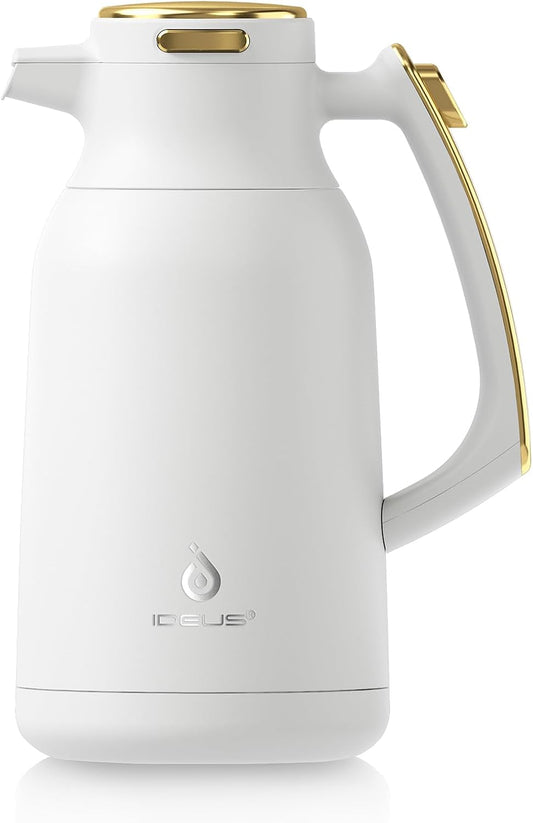 IDEUS Thermal Coffee Carafe 68oz (2,000ml), Stainless Steel Double Wall Insulated Vacuum Flask, Water Jug Coffee Server and Beverage Dispenser, Heat and Cold Retention (White-Gold, 68oz (2,000ml))